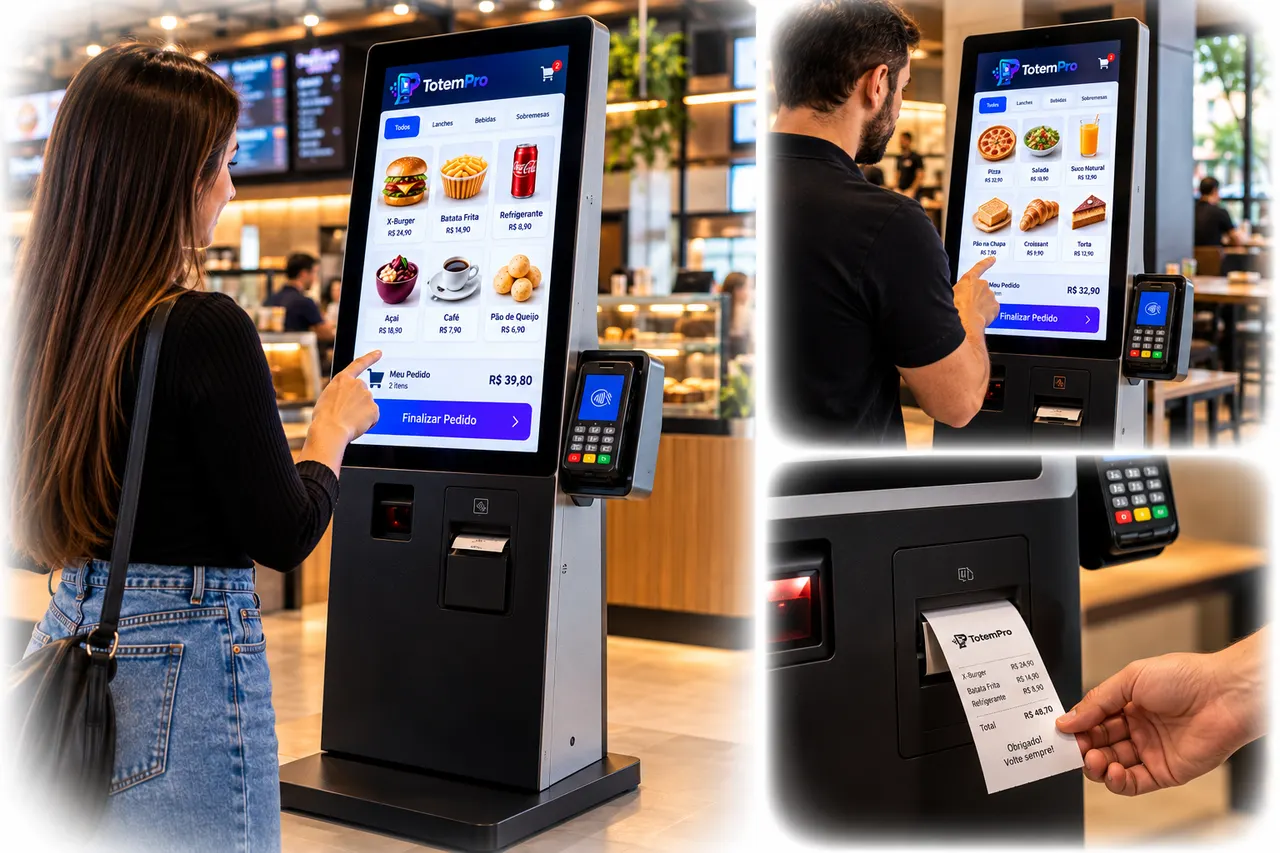 Cliente fazendo o pedido no totem em um café