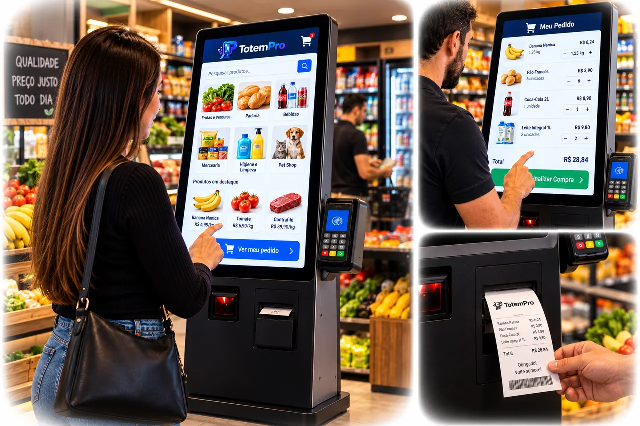 Cliente usando o totem em um mercadinho, com pagamento e recibo