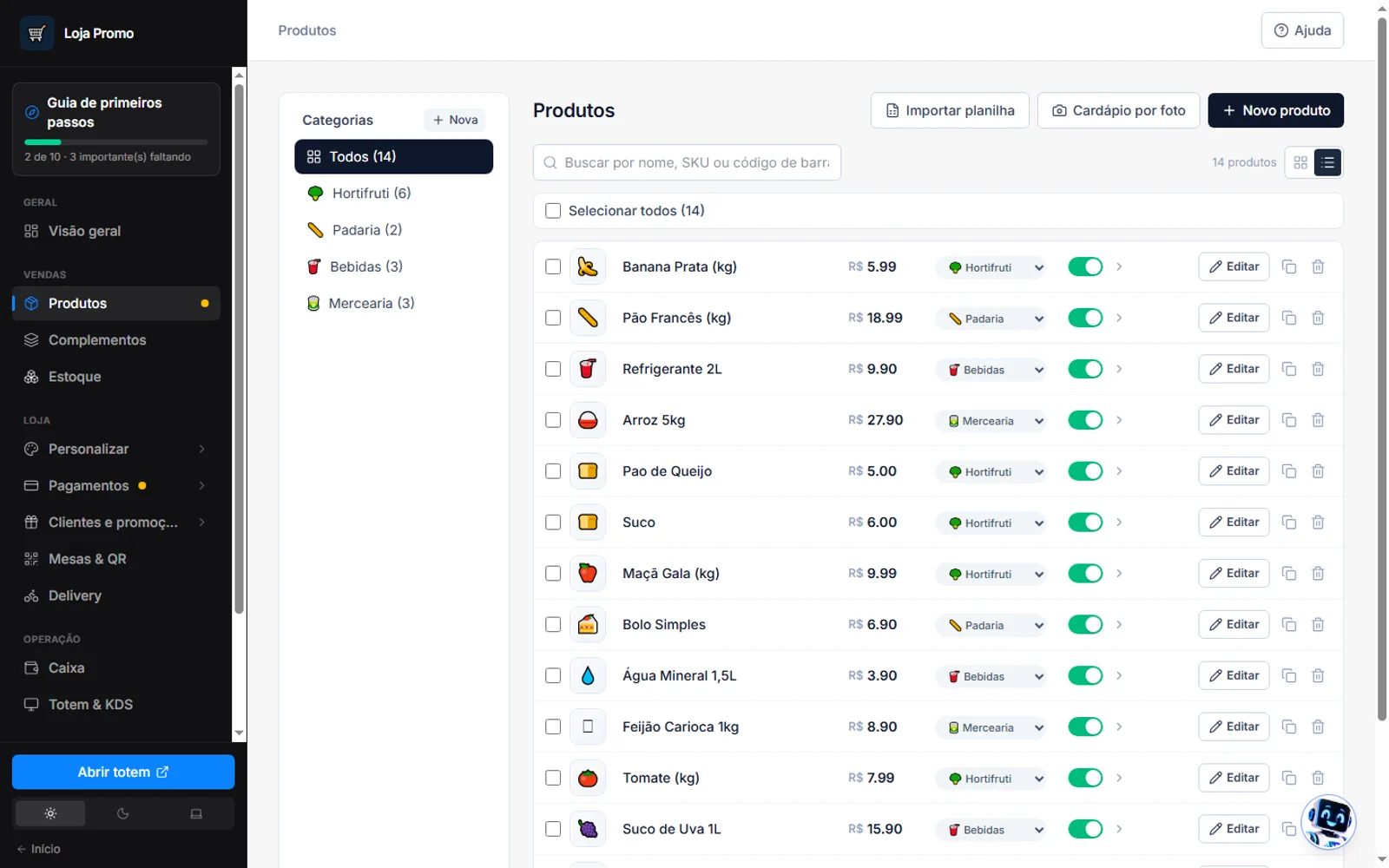 Painel do lojista com lista de produtos, preços e categorias